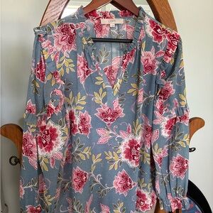 LOFT Floral V-Neck Blouse - Blue and Pink